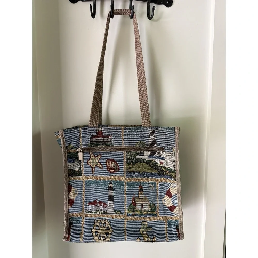 VTG Tapestry Tote Bag Nautical Lighthouse Costal Woven Shoulder Purse